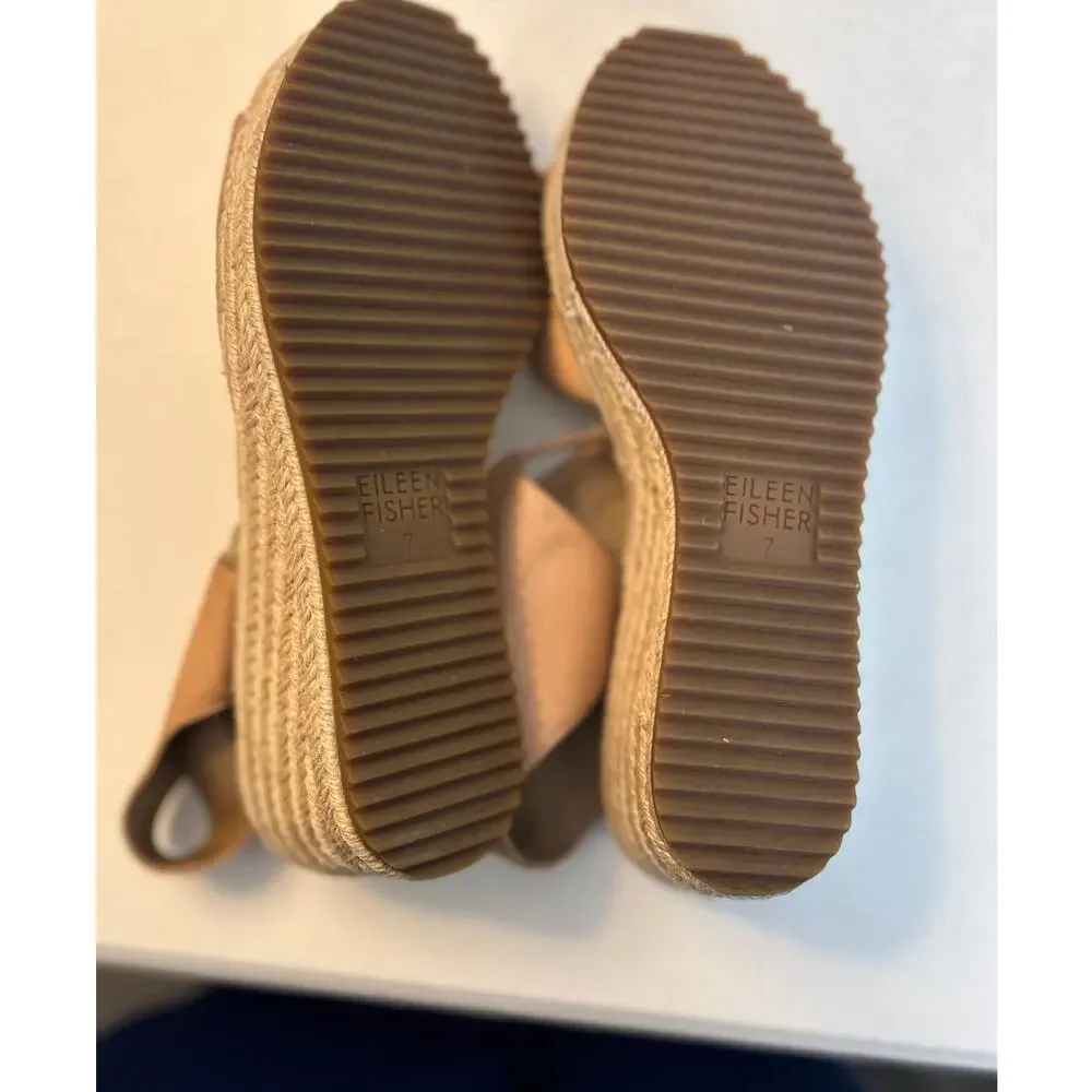 Eileen Fisher Agnes Leather Espadrille Wedge‎ Sandals Sz 7 Quiet Luxury